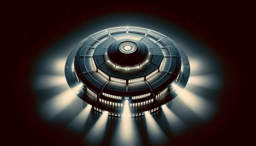 Artist conception of what the library looks like when in saucer mode. The library is located at an alleged Ivy League college in Massachusetts.